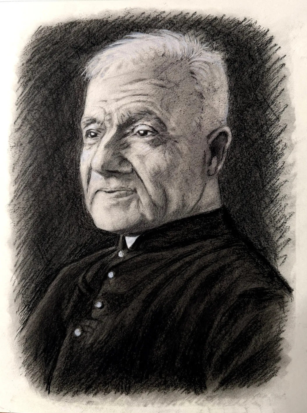 Charcoal portrait of Brother André Bessette of Montreal, warm chiaroscuro on paper, by Clare Elise Lucia.