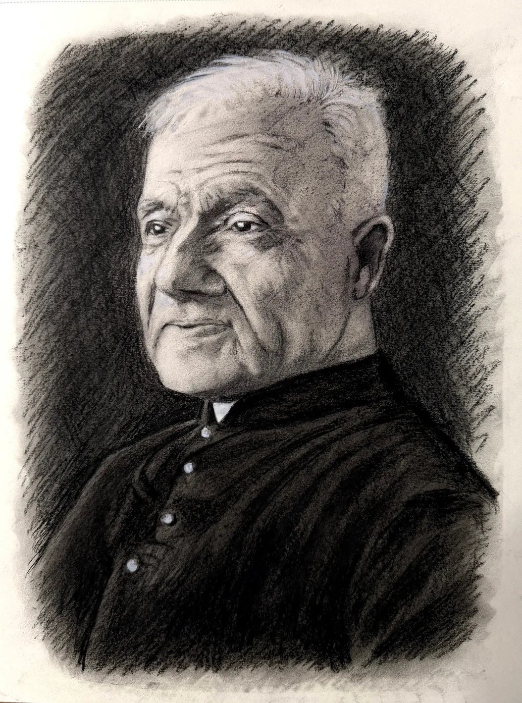 Charcoal portrait of Brother André Bessette of Montreal, warm chiaroscuro on paper, by Clare Elise Lucia.
