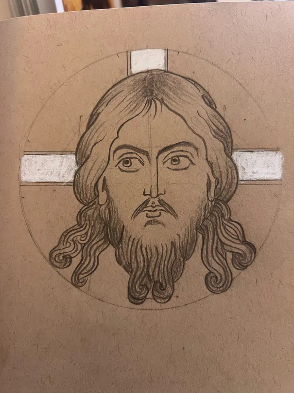 Line drawing stage of a Mandylion icon study — the face of Christ.