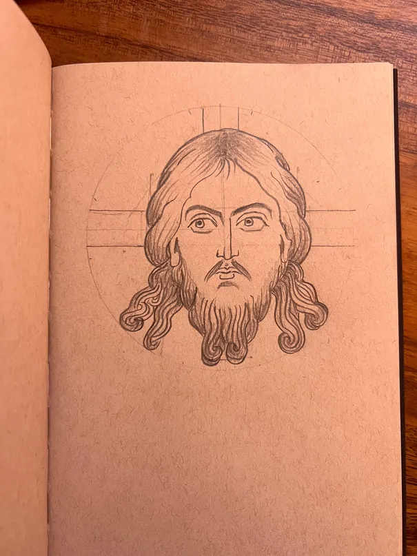 Mandylion icon study on a terracotta ground, pencil and chalk.