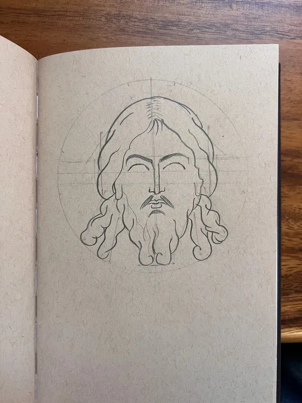 Finished Mandylion icon study with halo, pencil and chalk on paper.