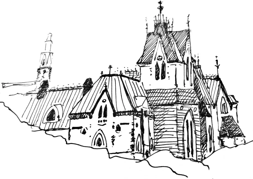 Ink sketch of the Parliament buildings in Ottawa, Ontario.