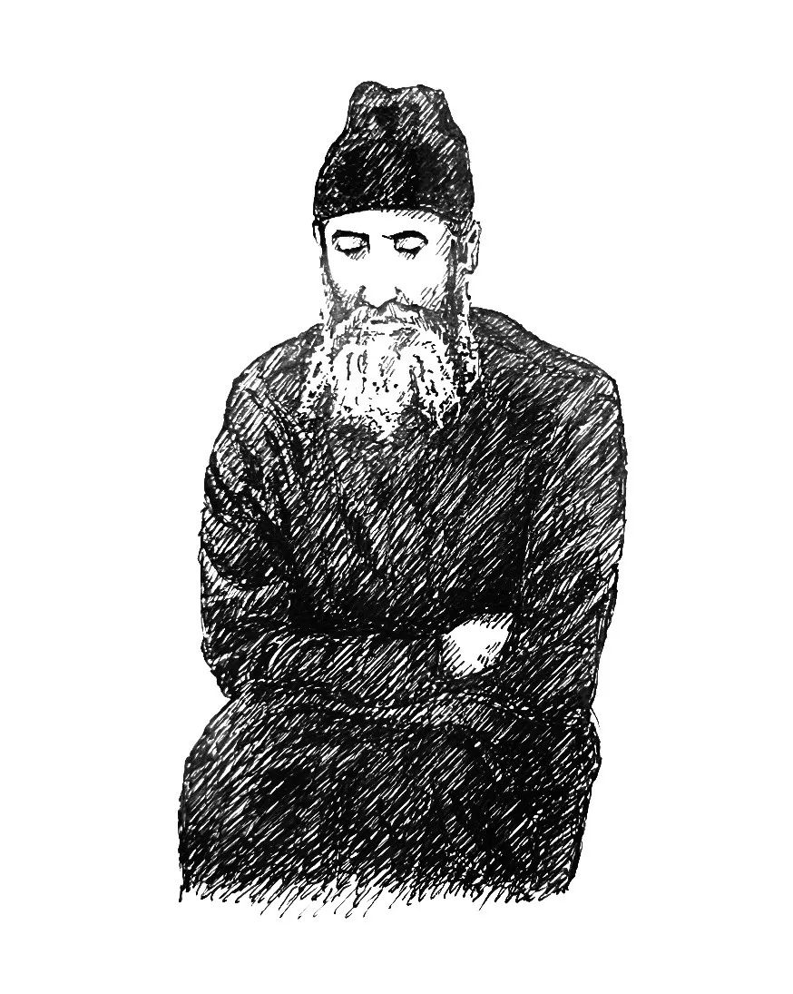 Ink sketch of Saint Paisios of Athos by Clare Elise Lucia.
