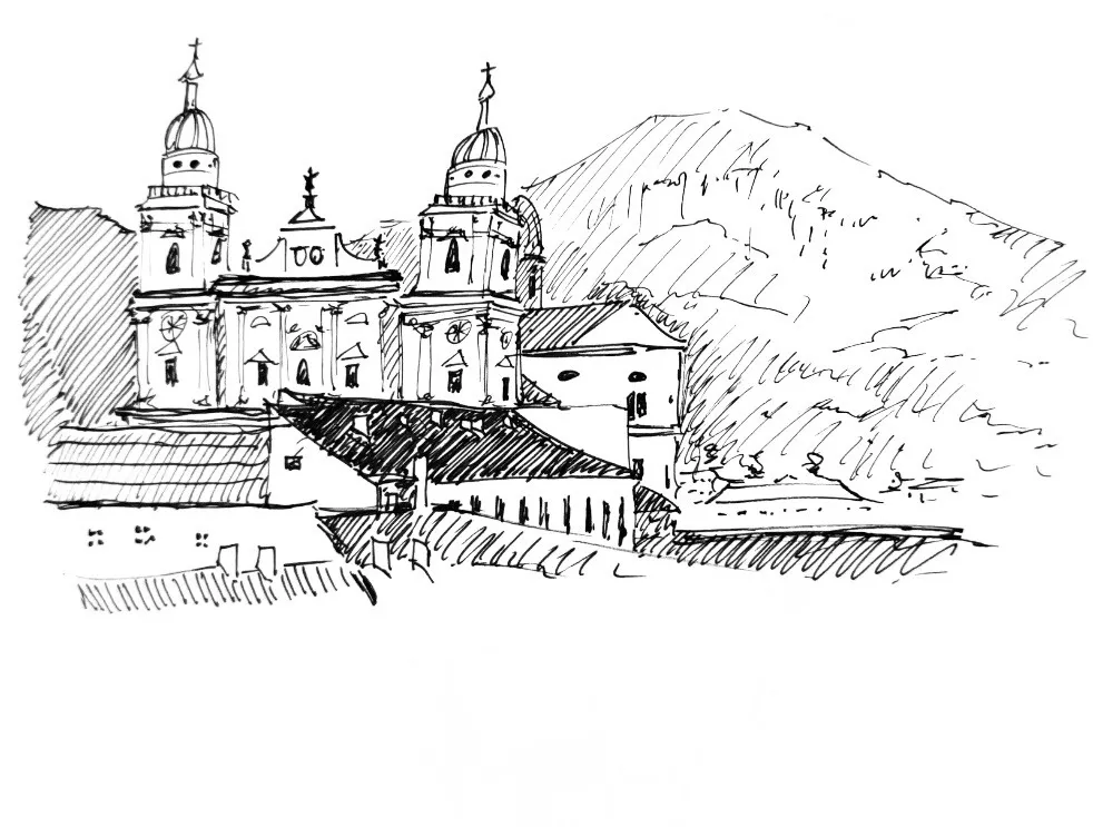 Ink sketch of Salzburg Cathedral in Austria.