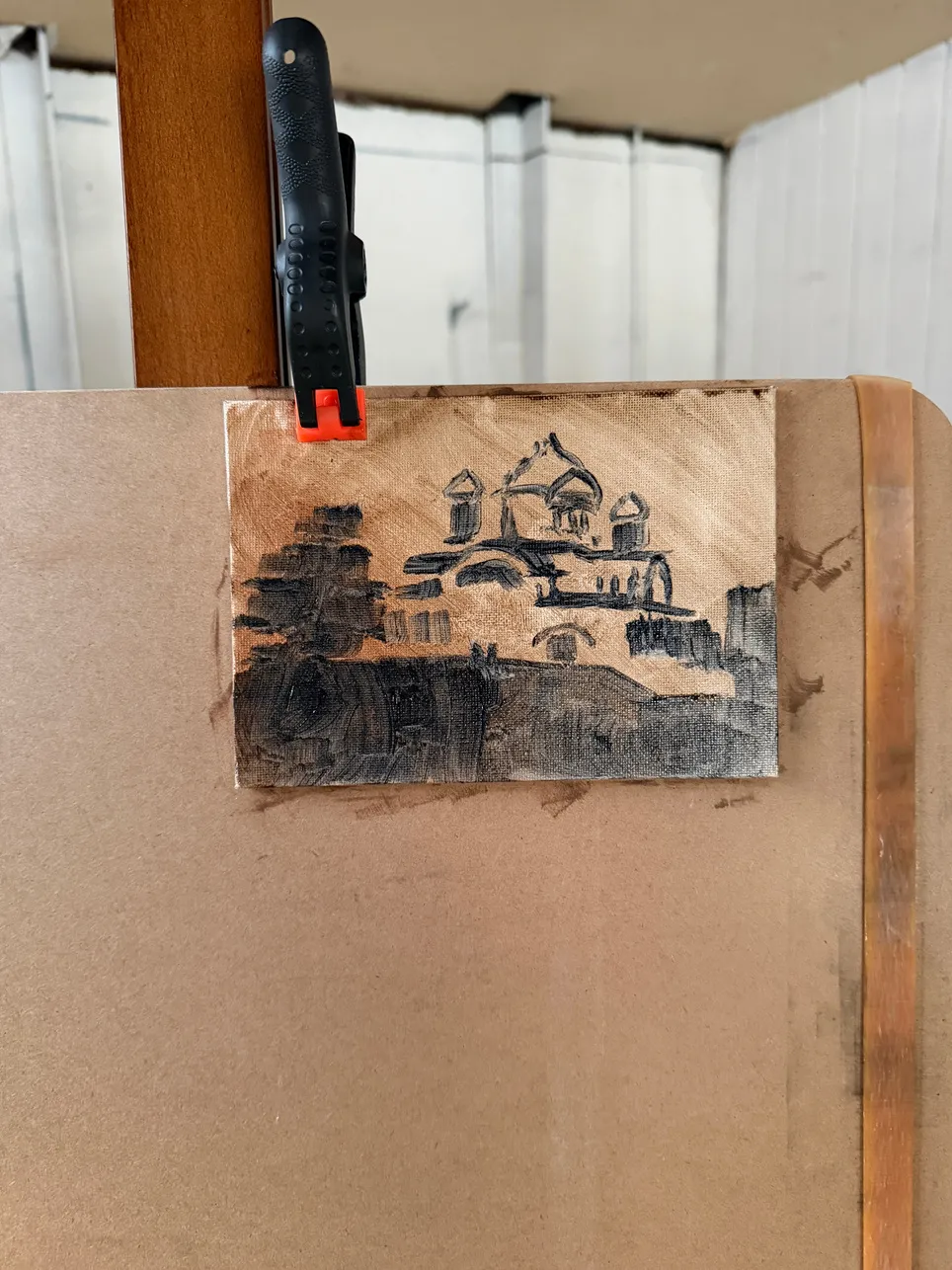 Early monochrome oil block-in of St John the Baptist Ukrainian Catholic Shrine in Ottawa.